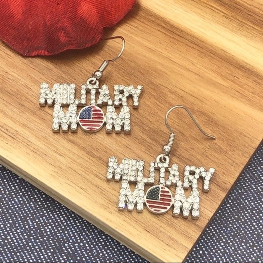 🌼 Military Mom Rhinestone Dangle Earrings